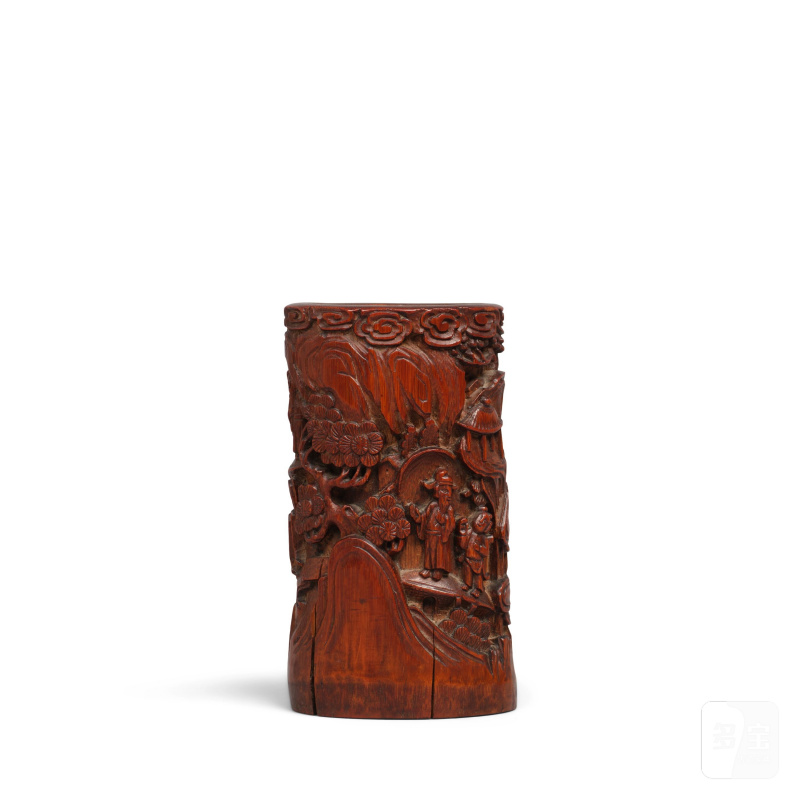 清 竹雕松林高士圖筆筒 | A BAMBOO CARVED 'LANDSCAPE' BRUSHPOT
